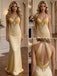 Pale Yellow Halter Beaded Ruched Satin Mermaid Long Formal Party Gown,PDS118598