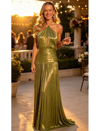 Olive Green Metallic Pleated Halter Tiered Long Prom Evening Dress,PDS118599