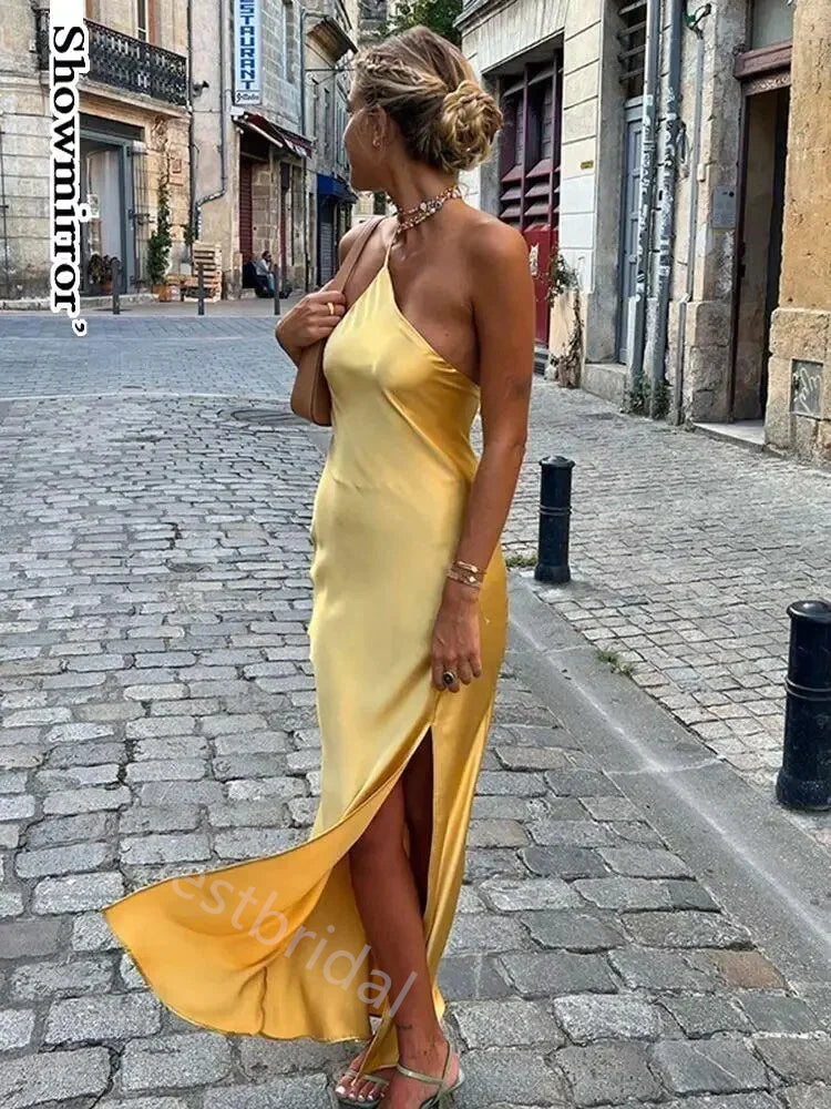 Yellow One Shoulder Sleeveless Sheath Side Slit Prom Dress,PDS11616