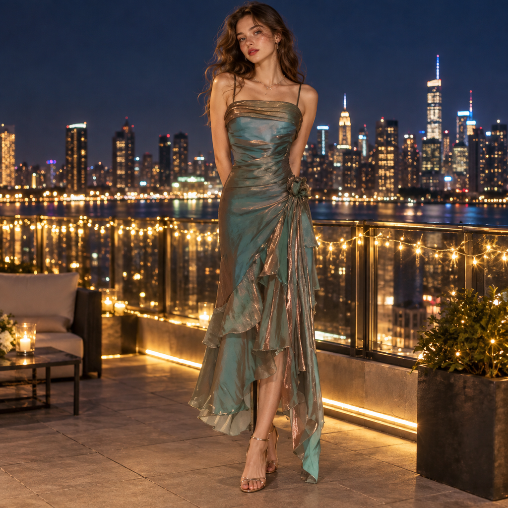 Shiny Metallic Chiffon Strapless Ruched Asymmetrical Midi Party Dress,PDS118700
