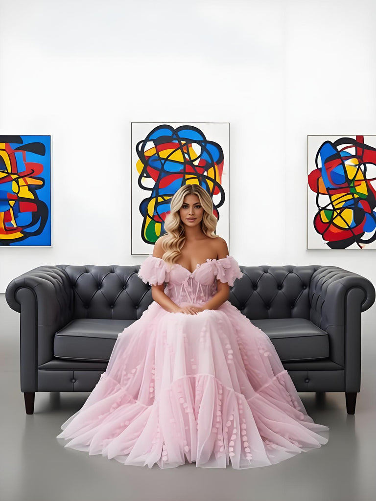 Cute Off Shoulder V-Neck Chiffon A-Line Long Prom Party Dress,PDS118515