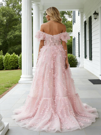 Cute Off Shoulder V-Neck Chiffon A-Line Long Prom Party Dress,PDS118515