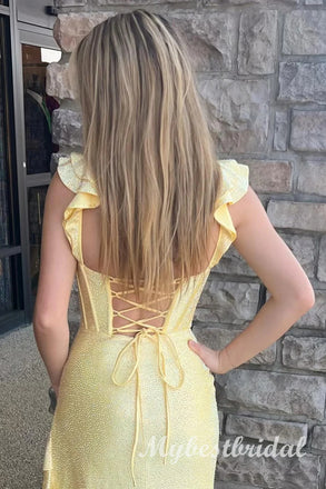 Yellow Ruffles V-neck Sleeveless Mermaid Long Prom Dress,PDS11723