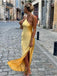 Yellow One Shoulder Sleeveless Sheath Side Slit Prom Dress,PDS11616