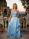 Sky Blue Strapless Beaded Bodice Satin Ruffle A-Line Prom Dress,PDS118600