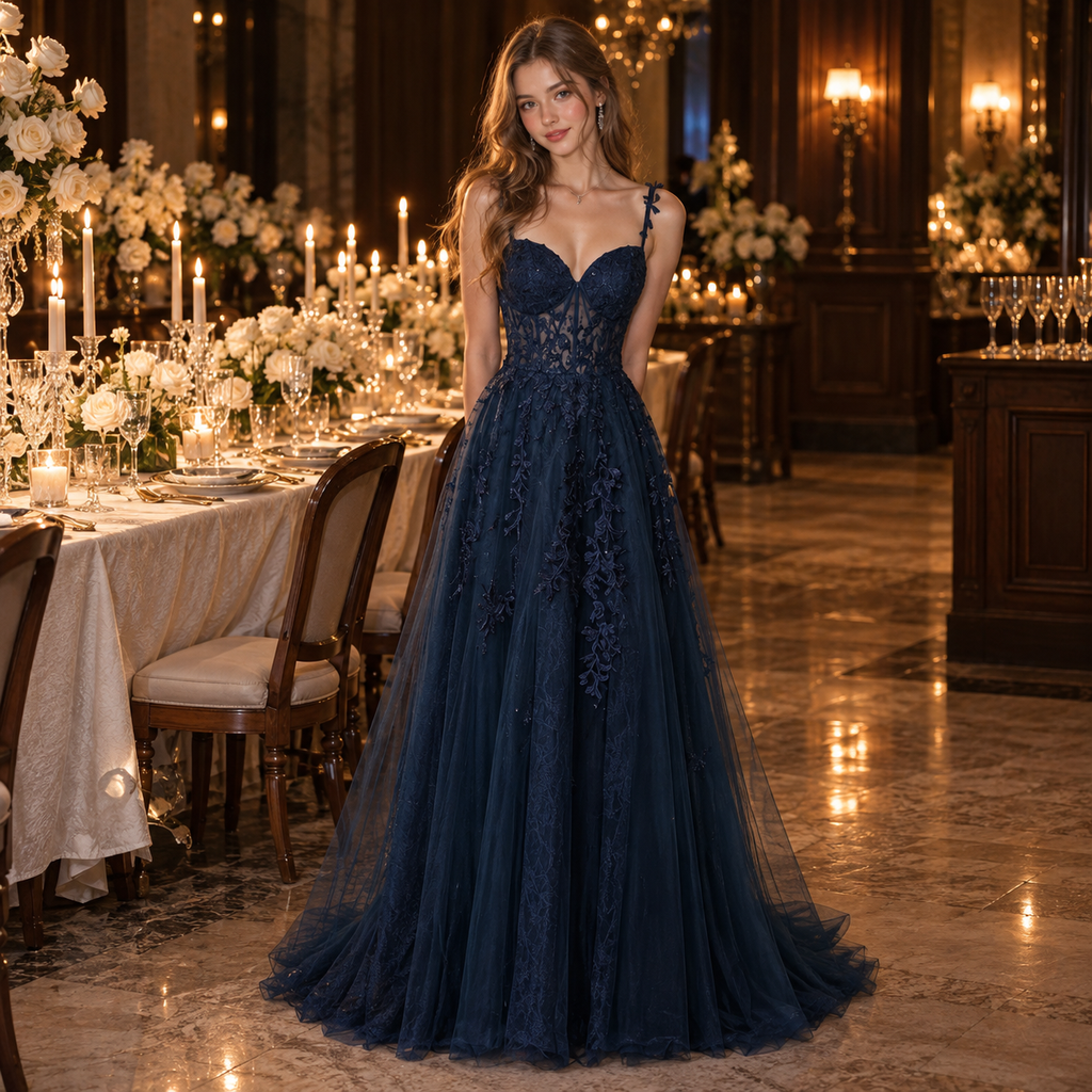 Luxurious Tulle Spaghetti Strap Sweetheart A-Line Long Formal Dress,PDS118701