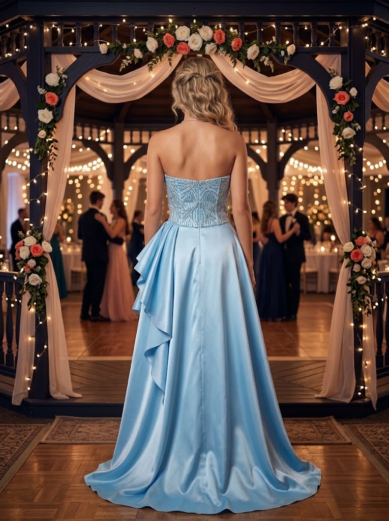 Sky Blue Strapless Beaded Bodice Satin Ruffle A-Line Prom Dress,PDS118600
