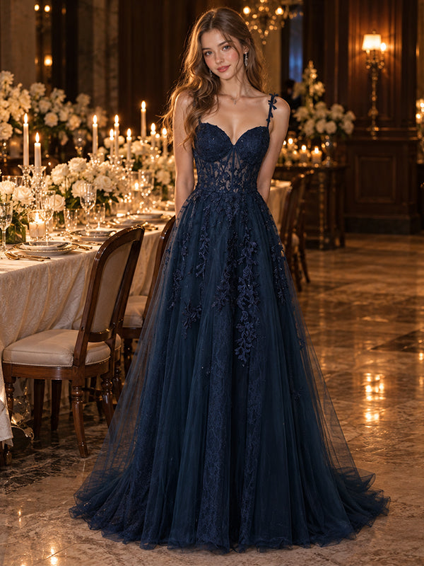 Luxurious Tulle Spaghetti Strap Sweetheart A-Line Long Formal Dress,PDS118701