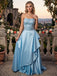 Sky Blue Strapless Beaded Bodice Satin Ruffle A-Line Prom Dress,PDS118600