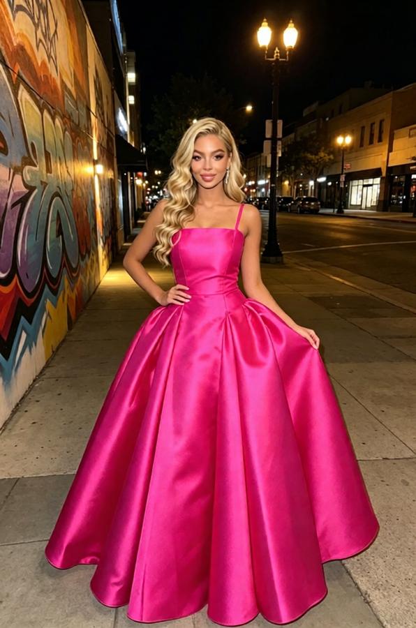 Fuchsia Spaghetti Straps Satin Puffy Ball Gown Long Prom Party Dress,PDS118601