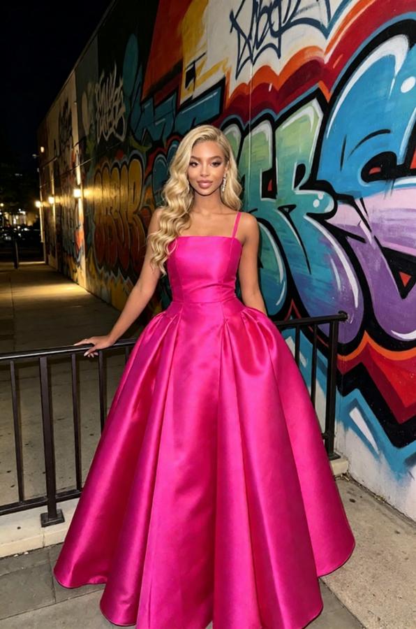 Fuchsia Spaghetti Straps Satin Puffy Ball Gown Long Prom Party Dress,PDS118601