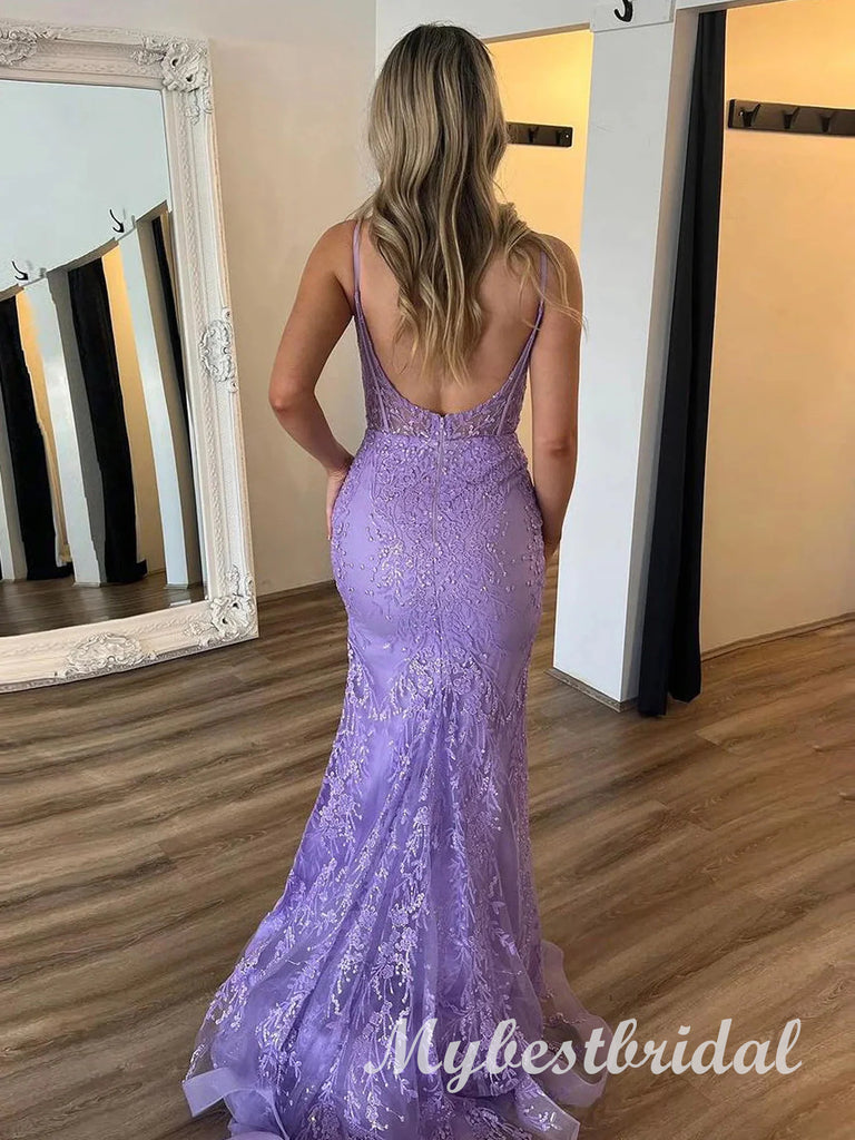 Purple Lace Applique Sleeveless Side Slit Mermaid Long Prom Dress,PDS11725