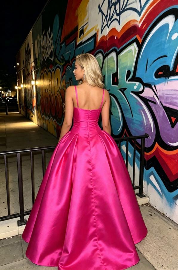 Fuchsia Spaghetti Straps Satin Puffy Ball Gown Long Prom Party Dress,PDS118601