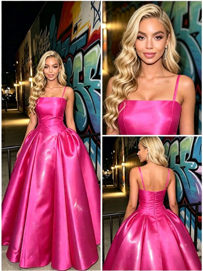 Fuchsia Spaghetti Straps Satin Puffy Ball Gown Long Prom Party Dress,PDS118601