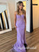 Purple Lace Applique Sleeveless Side Slit Mermaid Long Prom Dress,PDS11725