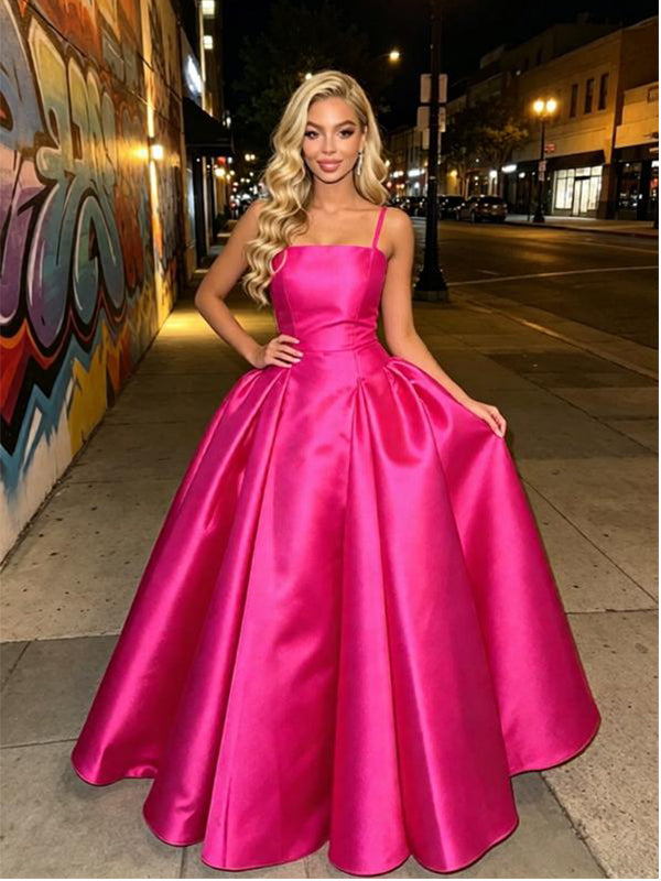 Fuchsia Spaghetti Straps Satin Puffy Ball Gown Long Prom Party Dress,PDS118601