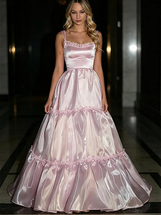 Blush Pink Square Neck Ruffled Tiered Satin A-Line Evening Gown,PDS118602