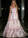 Blush Pink Square Neck Ruffled Tiered Satin A-Line Evening Gown,PDS118602