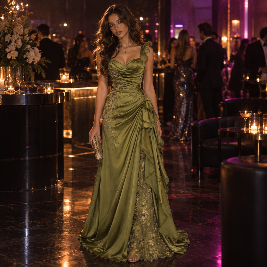 Luxury Sweetheart Olive Green Satin Ruffle Lace Applique Floor Length Evening Dresses,PDS118637