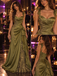 Luxury Sweetheart Olive Green Satin Ruffle Lace Applique Floor Length Evening Dresses,PDS118637