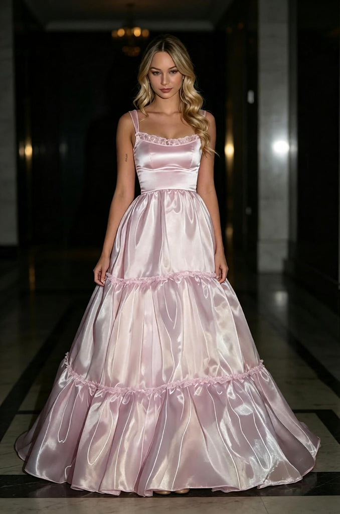 Blush Pink Square Neck Ruffled Tiered Satin A-Line Evening Gown,PDS118602