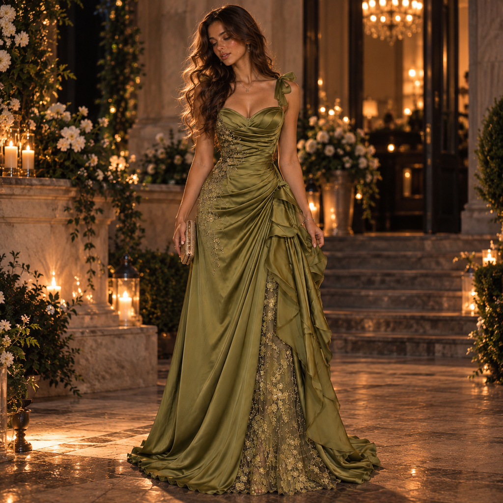 Luxury Sweetheart Olive Green Satin Ruffle Lace Applique Floor Length Evening Dresses,PDS118637