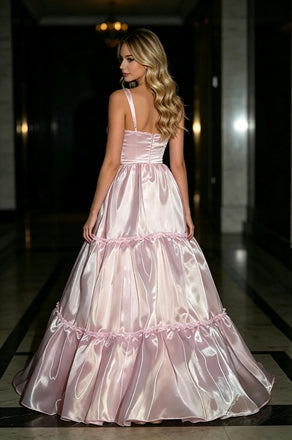 Blush Pink Square Neck Ruffled Tiered Satin A-Line Evening Gown,PDS118602