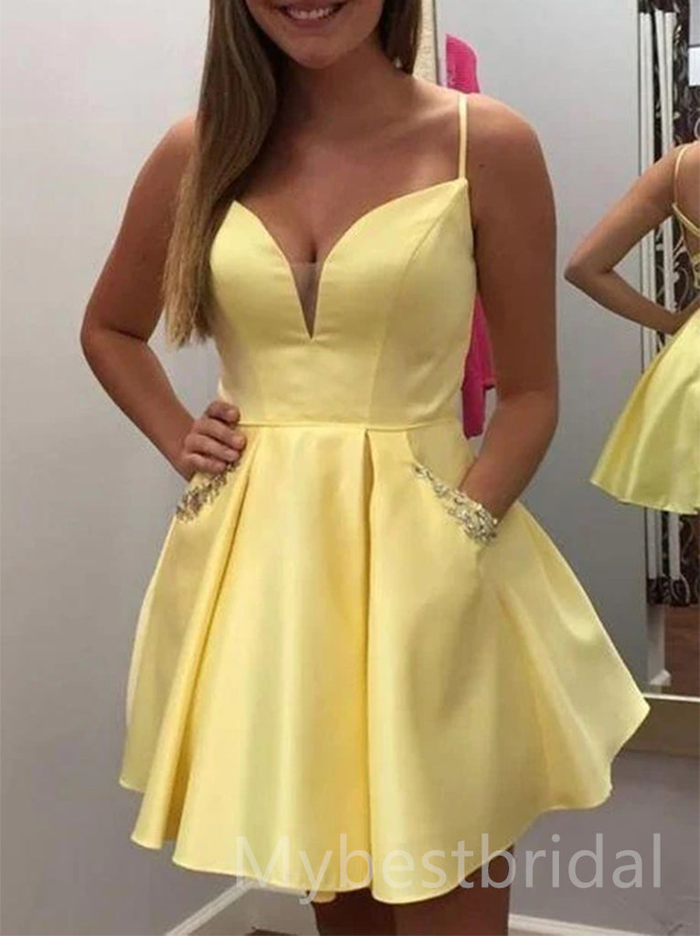 Yellow V-neck Sleeveless A-line Short Mini Homecoming Dress,  HDS0157