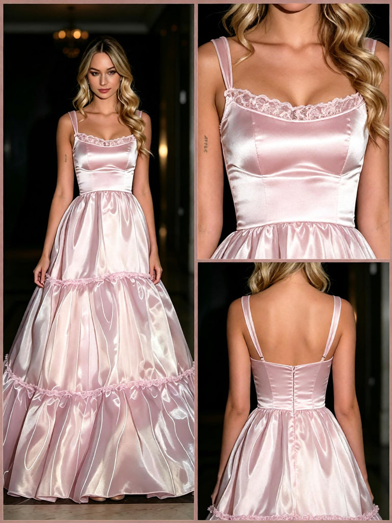 Blush Pink Square Neck Ruffled Tiered Satin A-Line Evening Gown,PDS118602