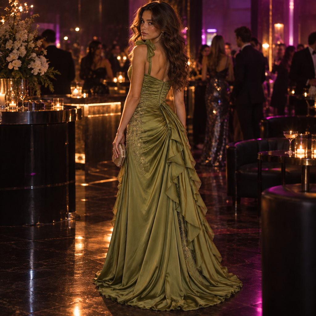 Luxury Sweetheart Olive Green Satin Ruffle Lace Applique Floor Length Evening Dresses,PDS118637