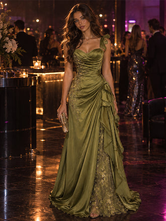 Luxury Sweetheart Olive Green Satin Ruffle Lace Applique Floor Length Evening Dresses,PDS118637