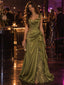 Luxury Sweetheart Olive Green Satin Ruffle Lace Applique Floor Length Evening Dresses,PDS118637