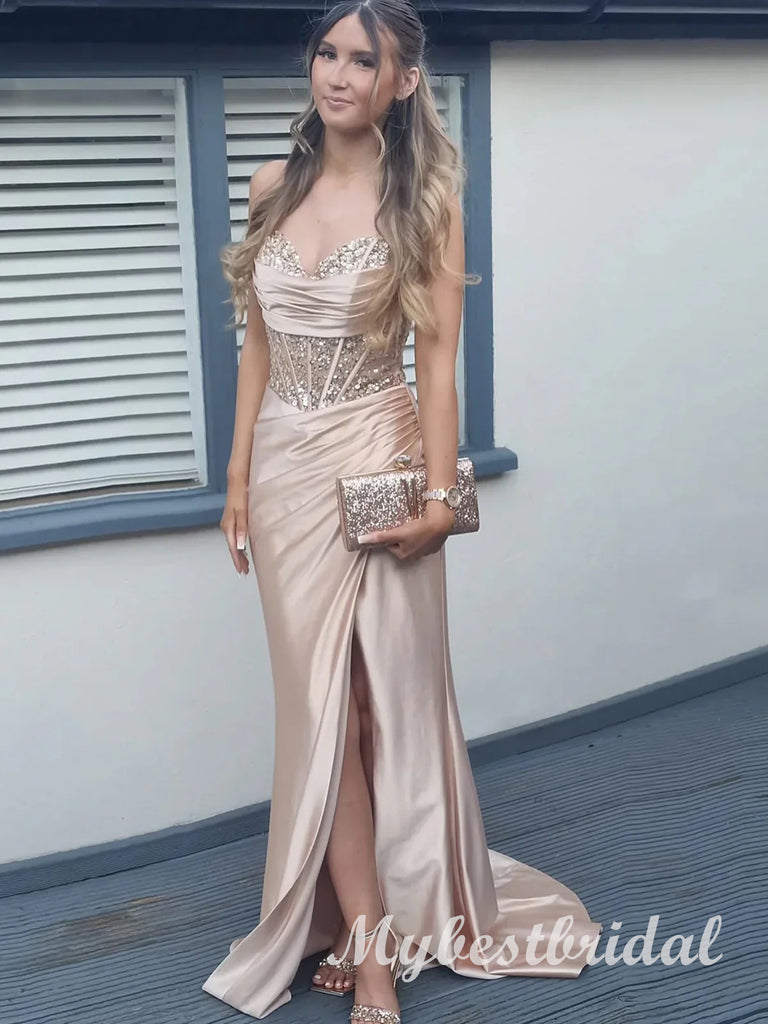 Sparkly Spaghetti Straps Sleeveless Side Slit Mermaid Long Prom Dress,PDS11727