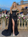 Black Strapless Beaded High Slit Satin Cape Long Gala Prom Dress,PDS118603