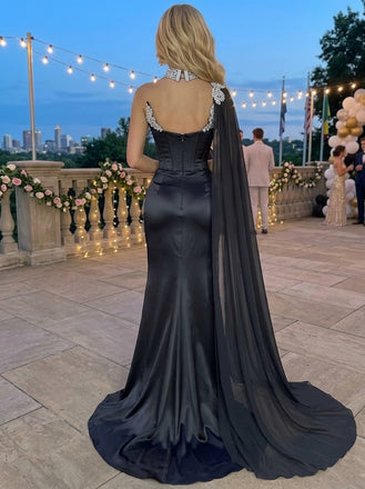 Black Strapless Beaded High Slit Satin Cape Long Gala Prom Dress,PDS118603