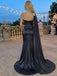 Black Strapless Beaded High Slit Satin Cape Long Gala Prom Dress,PDS118603