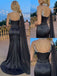Black Strapless Beaded High Slit Satin Cape Long Gala Prom Dress,PDS118603