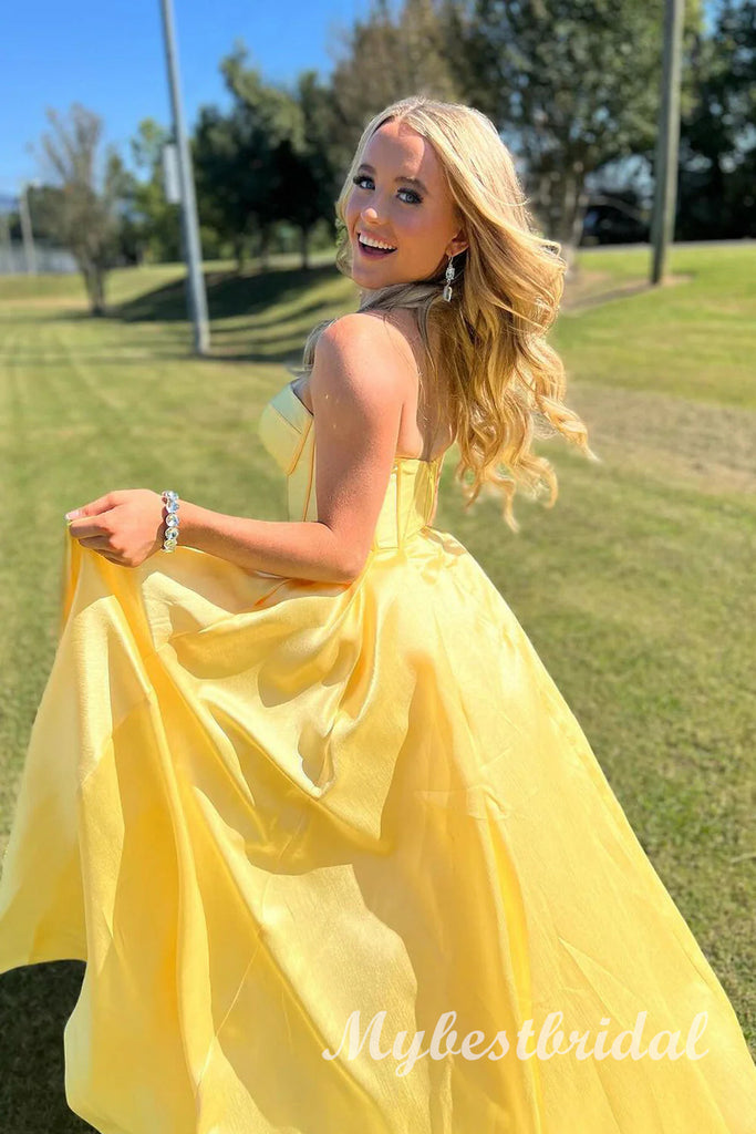 Elegant Yellow V-neck Sleeveless A-line Long Prom Dress,PDS11728