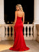 Bright Red Spaghetti Strap One Shoulder 3D Floral Satin Mermaid Evening Dress,PDS118604
