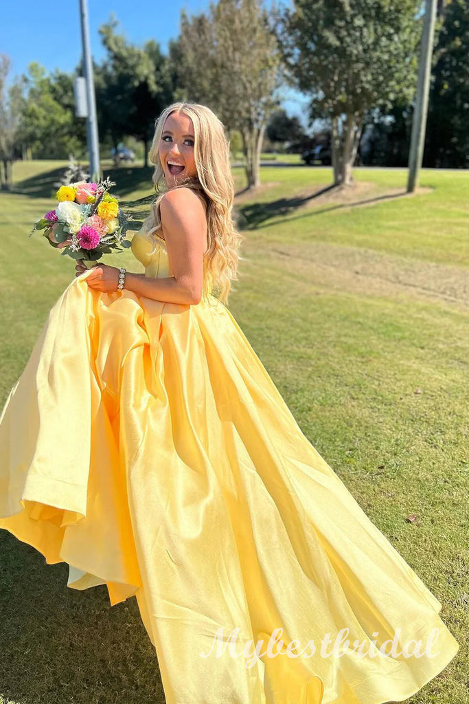 Elegant Yellow V-neck Sleeveless A-line Long Prom Dress,PDS11728