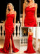 Bright Red Spaghetti Strap One Shoulder 3D Floral Satin Mermaid Evening Dress,PDS118604