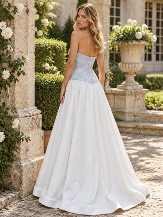 Vintage Blue Lace Satin Strapless Big Bow A-Line Long Wedding Guest Dress,PDS118743