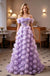 Lavender Off Shoulder 3D Floral Tulle A-Line Long Prom Gown,PDS118606