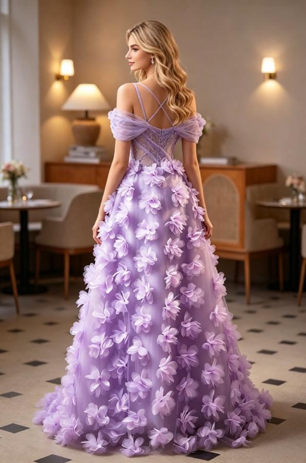 Lavender Off Shoulder 3D Floral Tulle A-Line Long Prom Gown,PDS118606