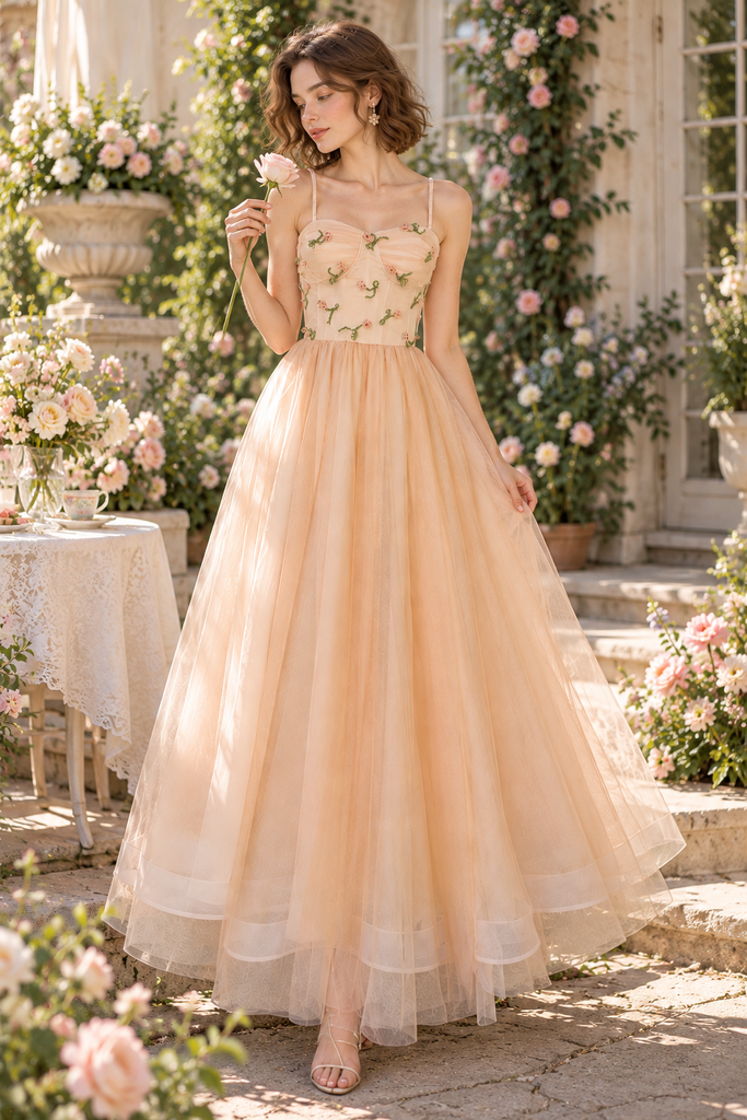 Stunning Floral Appliqué Tulle Strapless Slit Tiered Evening Gown,PDS118705