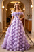 Lavender Off Shoulder 3D Floral Tulle A-Line Long Prom Gown,PDS118606