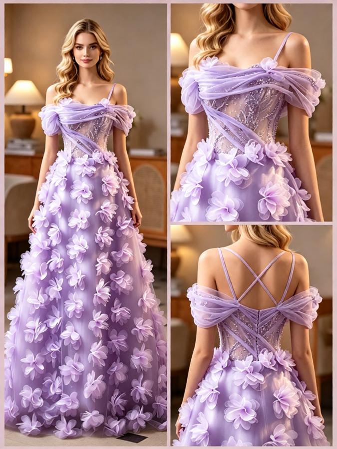 Lavender Off Shoulder 3D Floral Tulle A-Line Long Prom Gown,PDS118606