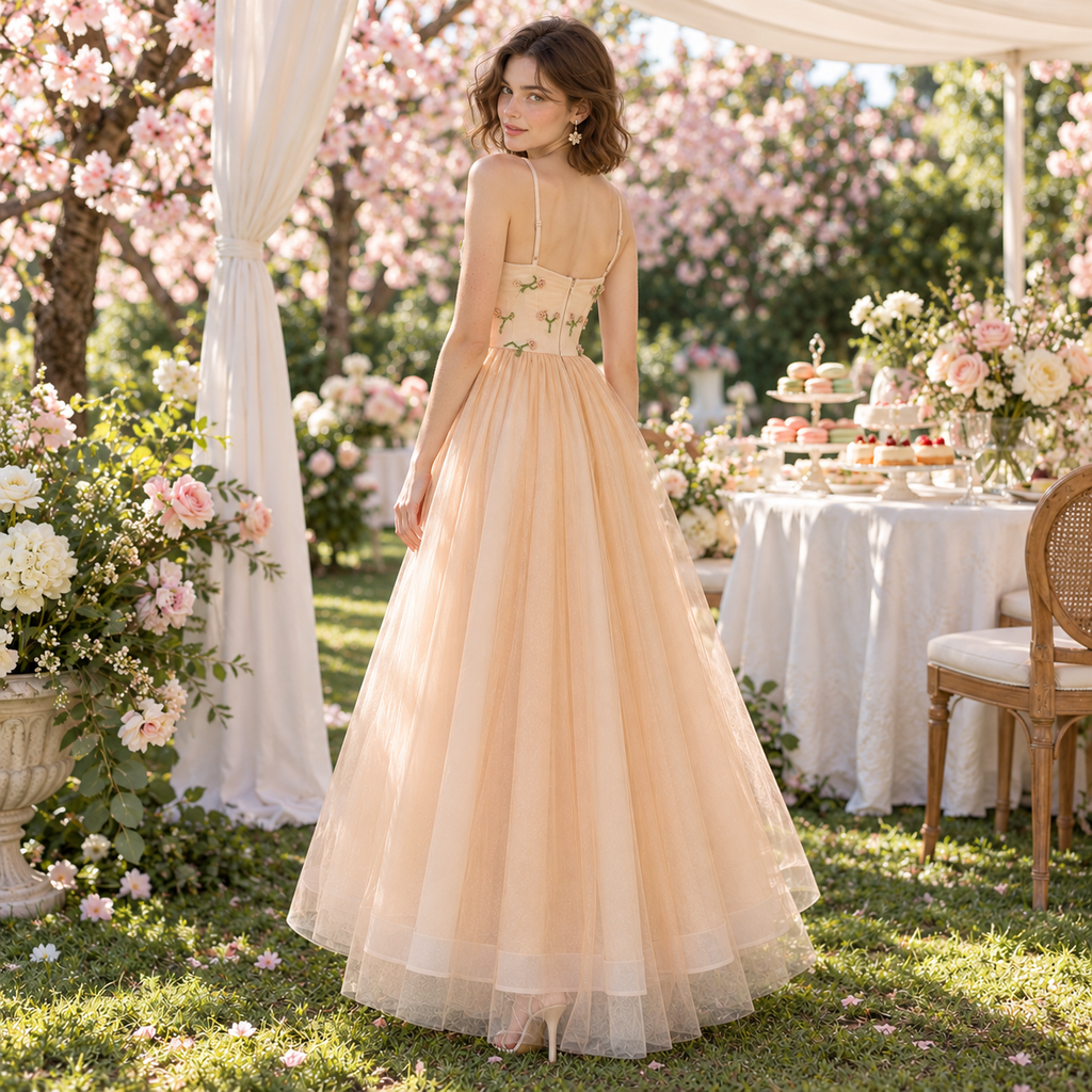 Stunning Floral Appliqué Tulle Strapless Slit Tiered Evening Gown,PDS118705
