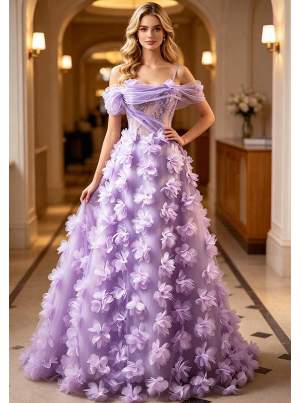 Lavender Off Shoulder 3D Floral Tulle A-Line Long Prom Gown,PDS118606