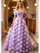 Lavender Off Shoulder 3D Floral Tulle A-Line Long Prom Gown,PDS118606